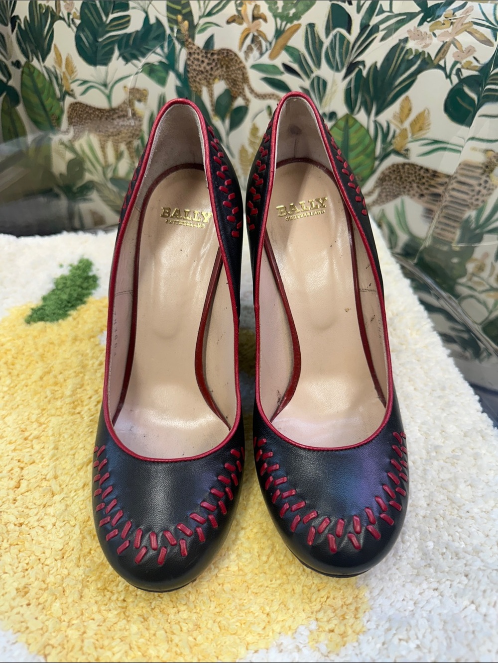 Bally Black Leather Pumps with Red Stitching